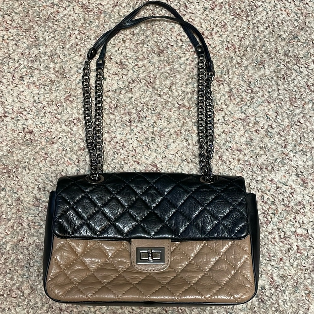 Black/ brown leather quilted purse with adjustable chain strap